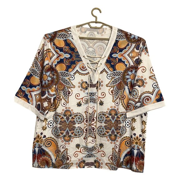 VGT-Inspired Multicolor Paisley Short-Sleeve Blouse With Lace-Up Neckline 3XL - Picture 1 of 16